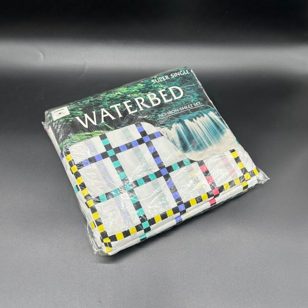 Waterbed Sheet Set Super Single Cannon USA 90s Geometric Top Bottom Pillowcase